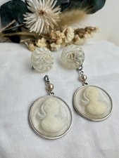 French Vintage Button 2WAY Earrings White Handmade Cameo