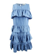 Michael Michael Kors Women's Petite Ruffled Chambray Dress PS,Light Cadet Wash 