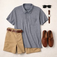 King Size Blue Gray 1/4 Button S Sleeve Cotton Polo Shirt. Mens 5XL