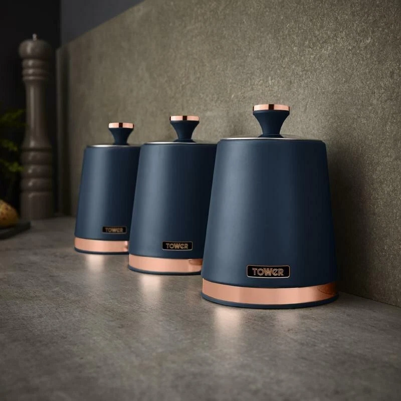Cavaletto Tea Coffee Sugar Canisters Midnight Blue & Rose Gold Kitchen Storage