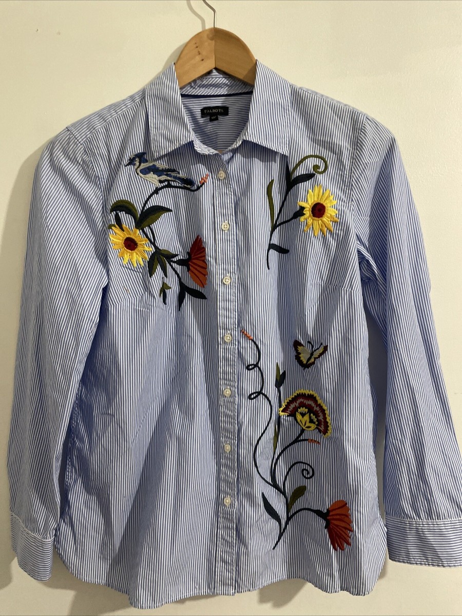 TALBOTS* Blue Stripped FLORAL EMBROIDERED COLLAR SHIRT Top Medium - Main Image