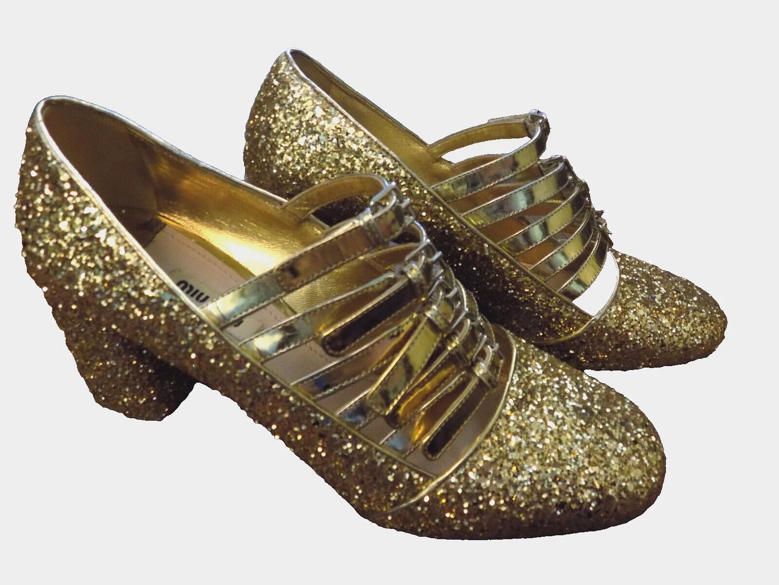 Miu Miu — Miu Miu Gold glitter 2.5" low chunky heel mary jane Multi Buckle Straps EUC 39 9