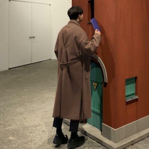Korean Men's Oversize Trench Coat Faux Woolen Warm Lapel Windbreaker Overcoat L - Picture 8 of 15