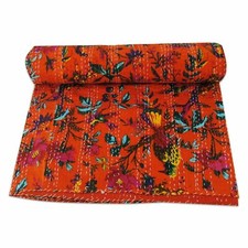 Vintage Handmade Kantha Quilt Orange bird Indian Cotton Twin Size Gudari Quilt