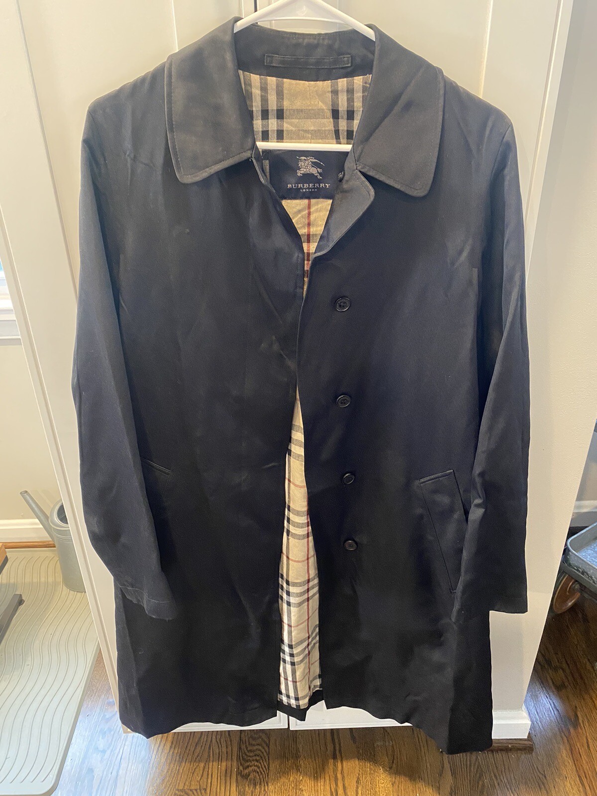 Burberry Black Trench Coat Nova Check Lining Size Lar… Gem