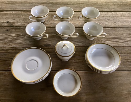 Mid-Century Modern set of 6 cups saucers bowls Di Laveno, Italy gold rimmed - Picture 3 of 6
