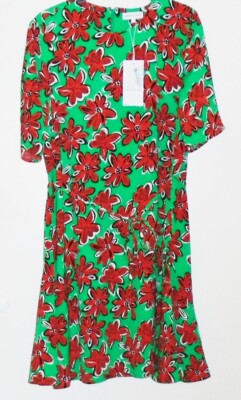 Warehouse Woodblock Daisy Flippy Dress green orange flared Size 12 New Tags BNWT