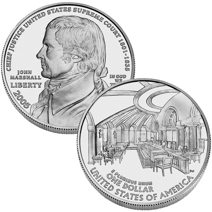  (1) 2005 P Chief Justice John Marshall $1 MS/UNC Silver Dollar Coin w/Box & COA - Image 2 of 2