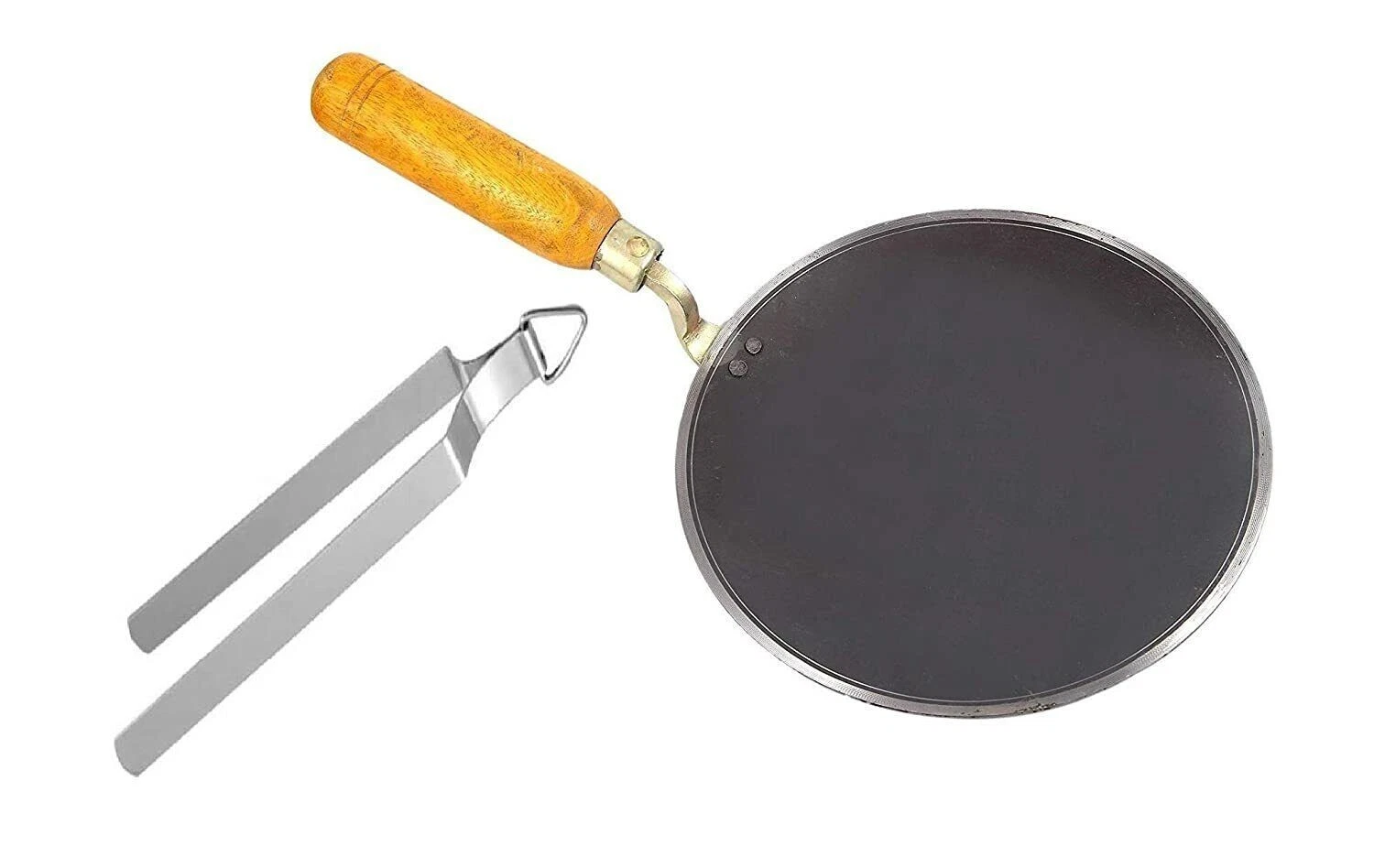 Handmade Iron Tawa Chapati Roti Tawa with Wooden Handle 10Inch with Steel chimta