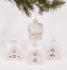 Unglazed Winter White Porcelain Snowy Village House Tree Ornaments, Set of 4,...