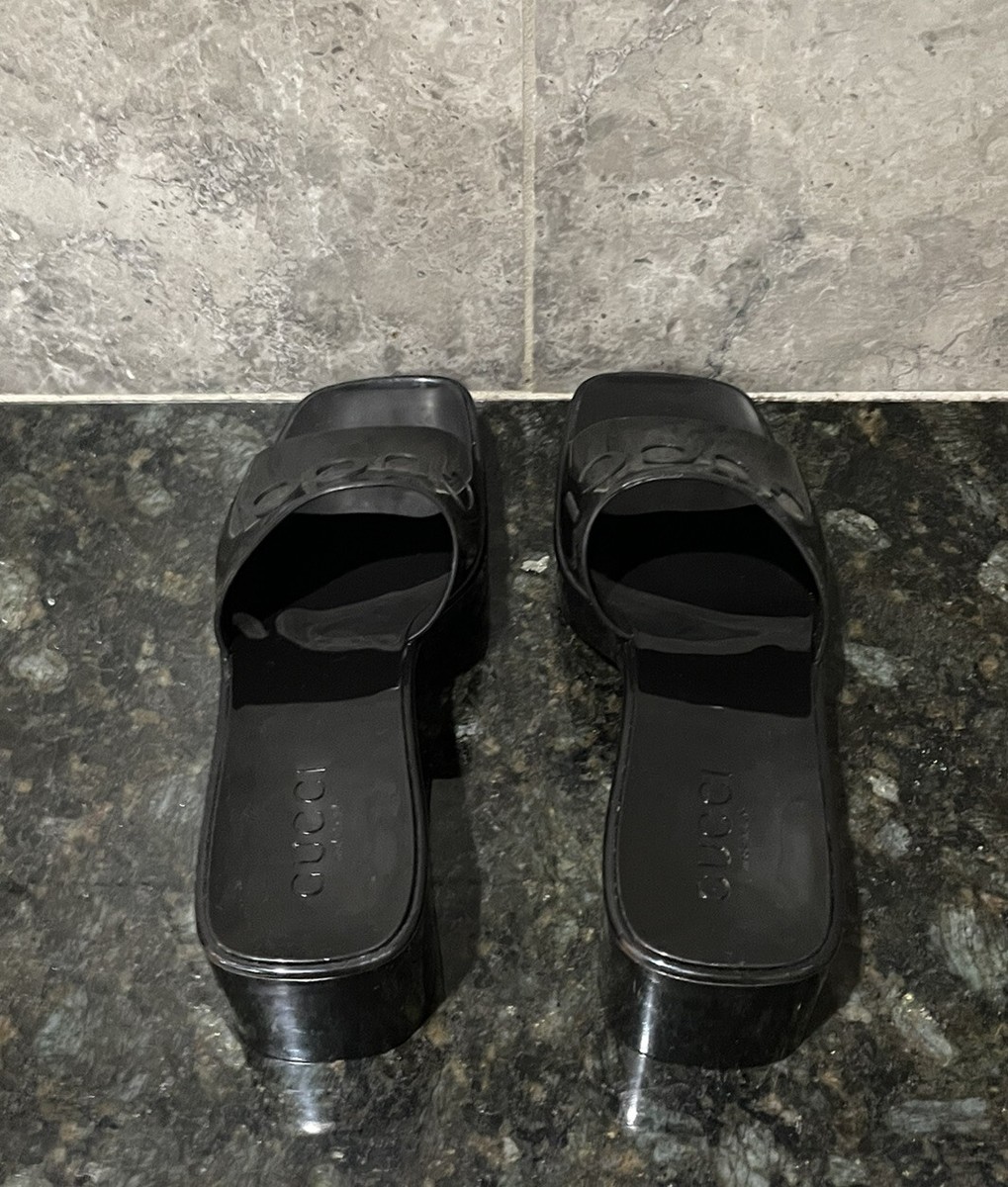 GUCCI 'Plastique' Logo Rubber Heeled Mule Slide Sandals Black 38