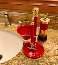 Red Shaving Kit Set 24 Kt Gold Plated - NEW with Cartridges - Made In Spain