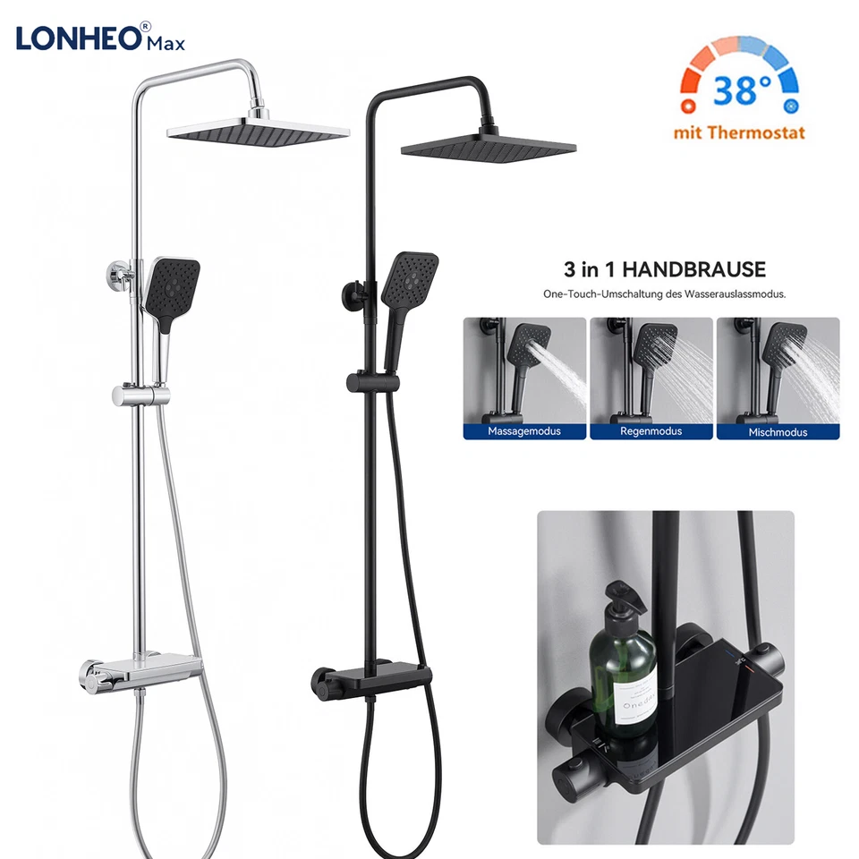 LONHEO MAX Duschsystem mit Thermostat Armatur mit Ablage Regendusche Duscharmatur Duschset