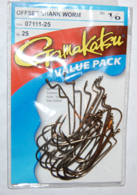 gamakatsu offset shank worm hook size 1/0   07111-25  25 pack bass soft plastic