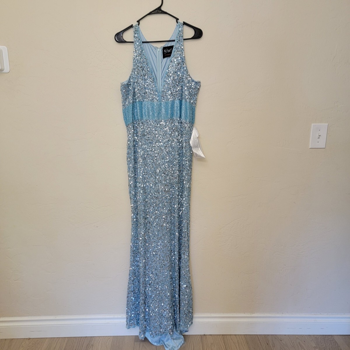 Mac Duggal Sequined Sleeveless V Neck Column Gown, Light Blue