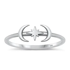 925 Sterling Silver Moon & Star Ring Nature Fashion Band 6.2mm Size 4-10