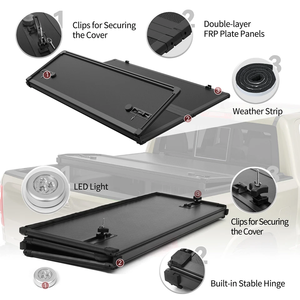 6.6FT FRP Hard Tri-Fold Tonneau Cover For 07-25 Chevy Silverado /GMC Sierra 1500 Foto 4 de 4