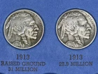 VF - 1913 P Buffalo Nickel Type 1 + 1913 P Type 2 Raised + Flat Ground Full Horn