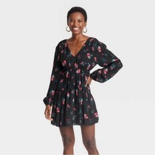 A New Day Black Floral Long Sleeve Dropped Waist Mini A-Line Dress Size Medium
