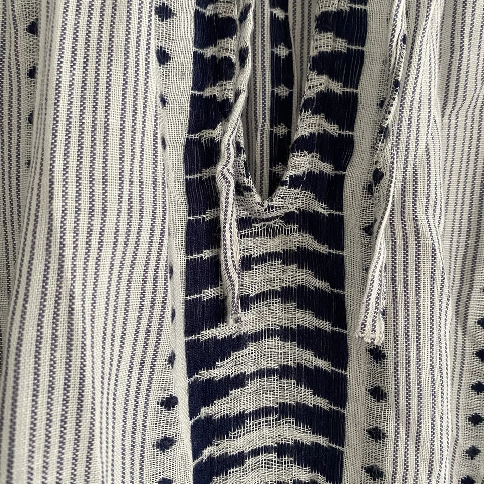 Lucky Brand Womens Shirt Stripe Diamond Boho White Black Tribal Tie Linen Like - Image 4 of 4
