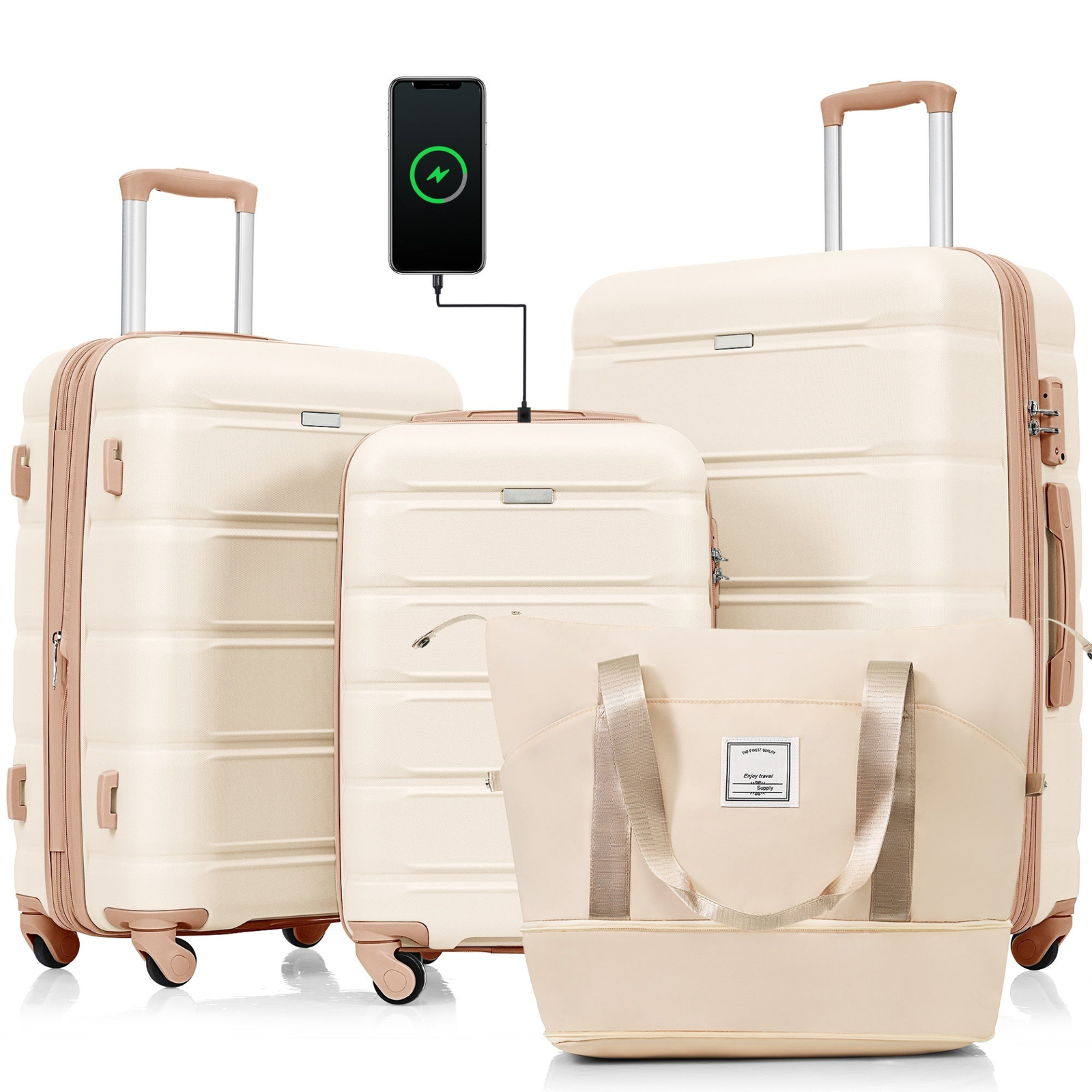 Luggage Sets 4 Piece, 20-inch with USB Port, beige and golden
