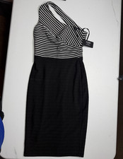 GUESS Black White Striped One Shoulder Asymmetric Sheath Dress Knee 2