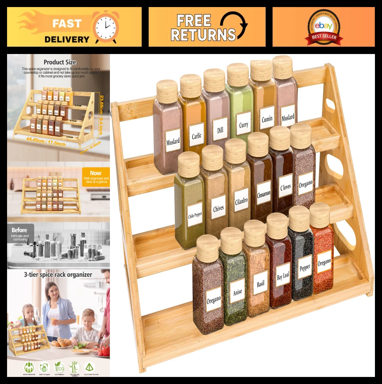 3-Tier Bamboo Spice Rack Organizer - Premium Kitchen Spice Storage for Cabinet/C
