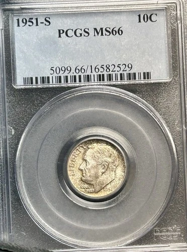 1951- S Roosevelt Dime MS66 PCGS Toned Semi Key Date 90% Silver Dime