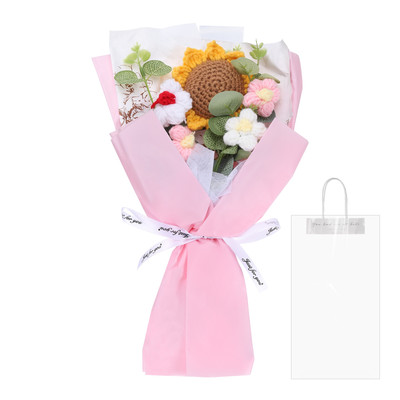 Crochet Flowers Bouquet, Handmade Artificial Bouquet Sunflower, Pink