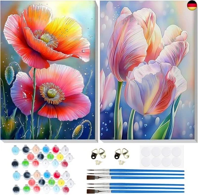 Lxmsja 2 Stück Blumen Malen Nach Zahlen Erwachsene mit Rahmen, Malen Nach
