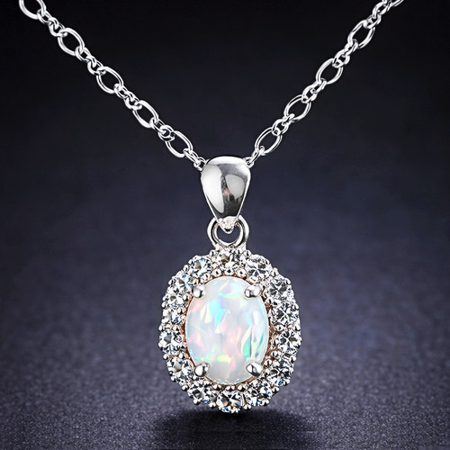 Vintage 925 Sterling Silver Lab-Created Opal Stone Halo Necklace