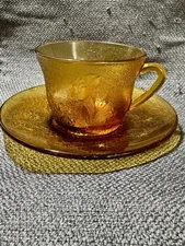 Vintage Duralex made in France Amber Honey Glass Cup and Saucer - 4 Sets