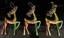 3 Vintage Pier 1 One Imports Metal Glitter Reindeer Christmas Ornament 7" x 4"