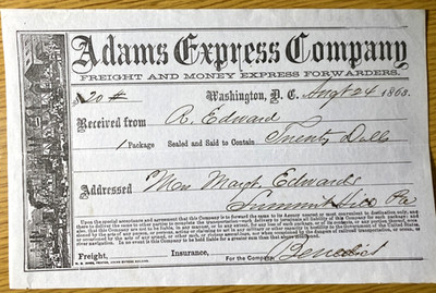 1863 CIVIL WAR ERA antique express delivery receipt for 20 dolls WASHINGTON, DC