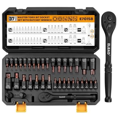 37-Piece Master Torx Bit Socket Set, 1/4'', 3/8'', 1/2'' Drive Star & Tamper