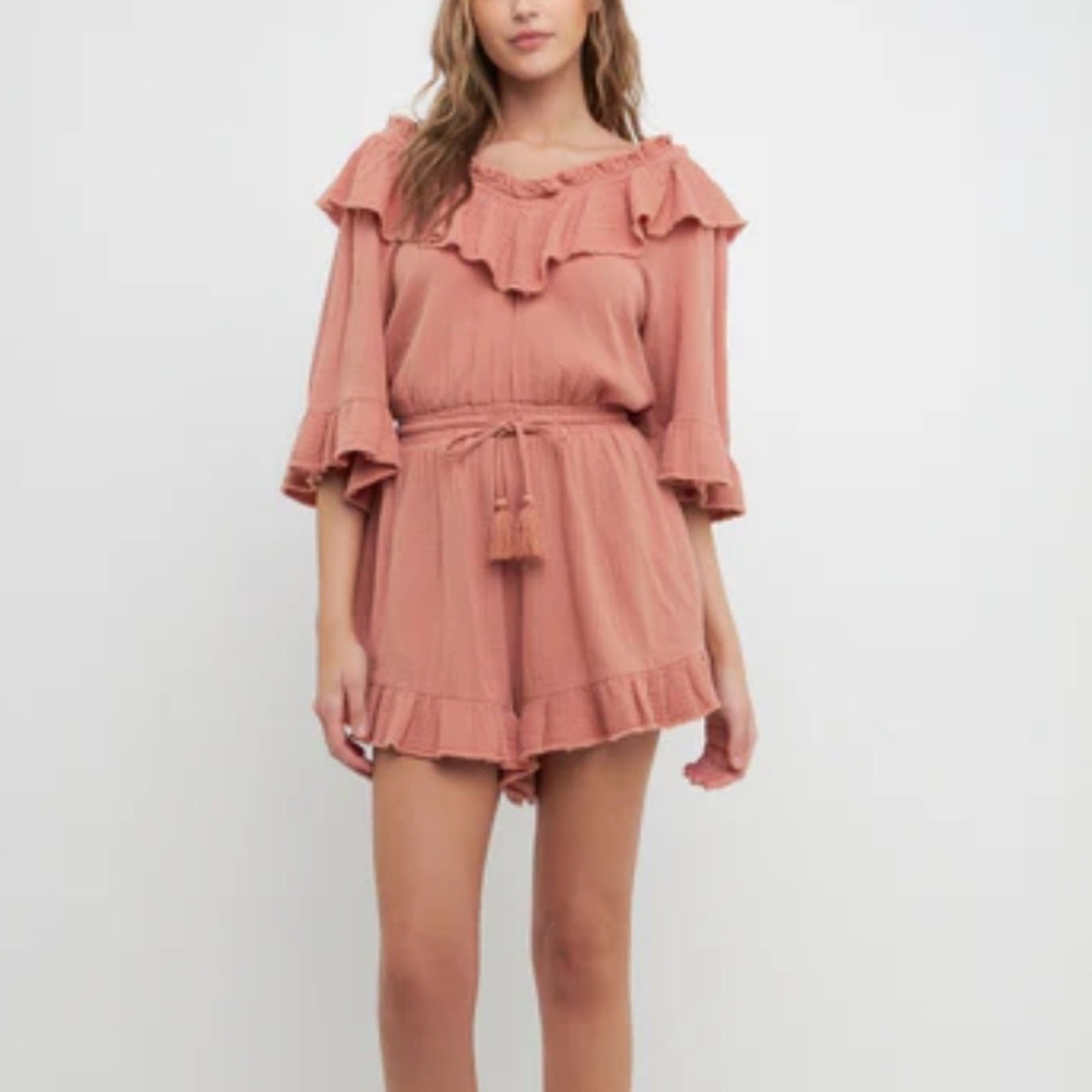 Free The Roses Ruffle Detail Romper Rust Size L Drawstring Waist V Neck Muslin