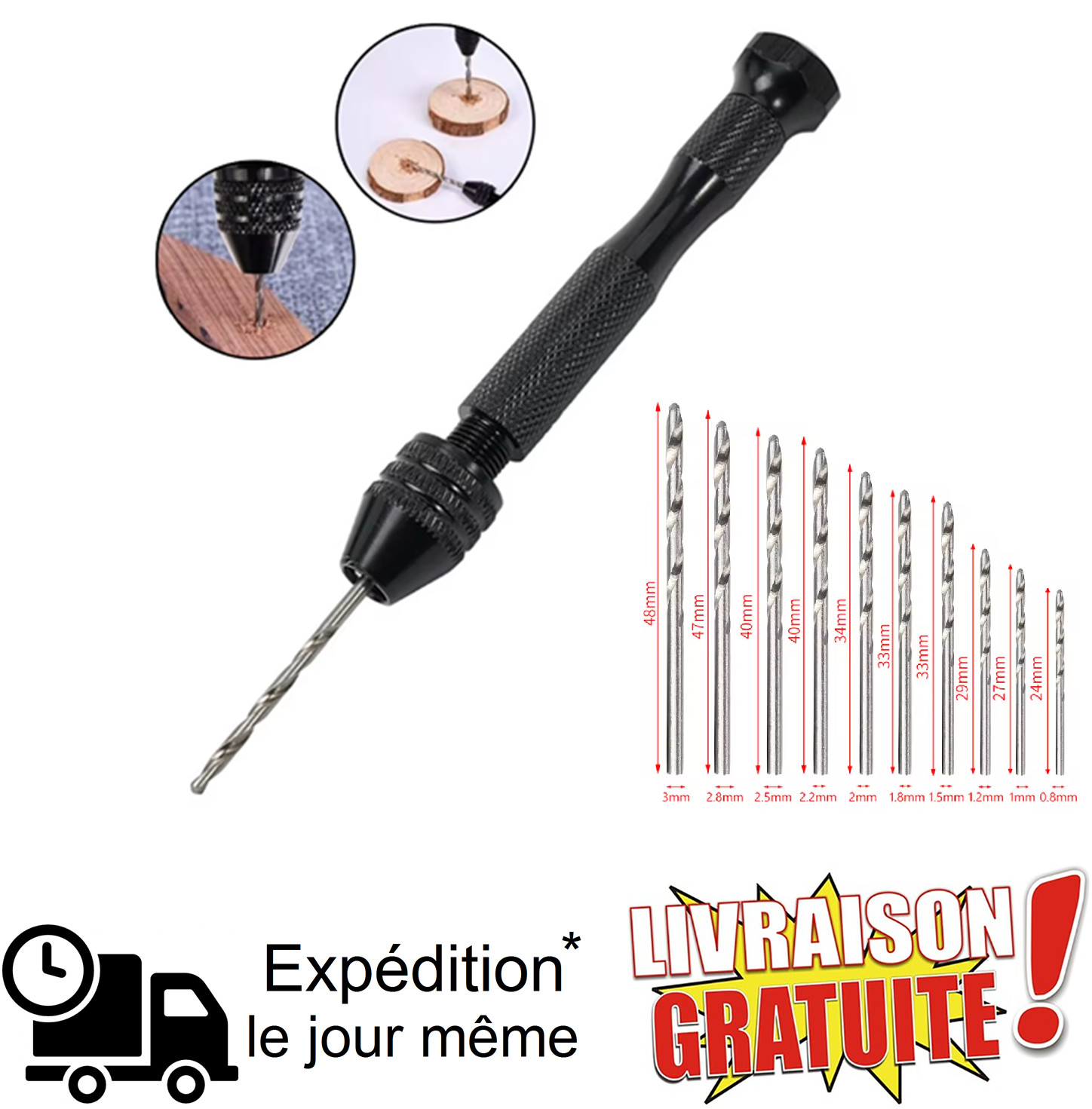 Mini Perceuse Manuelle Précision + 10 Forets HSS 0.8-3mm Modélisme DIY