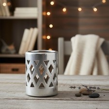 Teelichthalter/Countryfield/Silber/neu/Keramik/Rautenmuster/12 cm