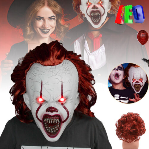 Masque d'horreur d'Halloween costume de clown Pennywise fête masque tueur DEL effrayant - Photo 1/12