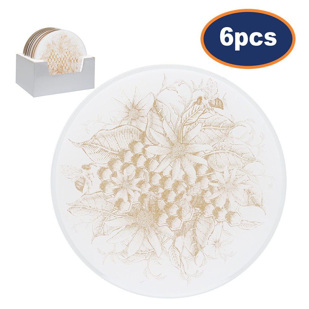 6pcs 20cm Wide Round Honeycomb Mirror Glass Candle Plate Glitter Gold Bees Gift