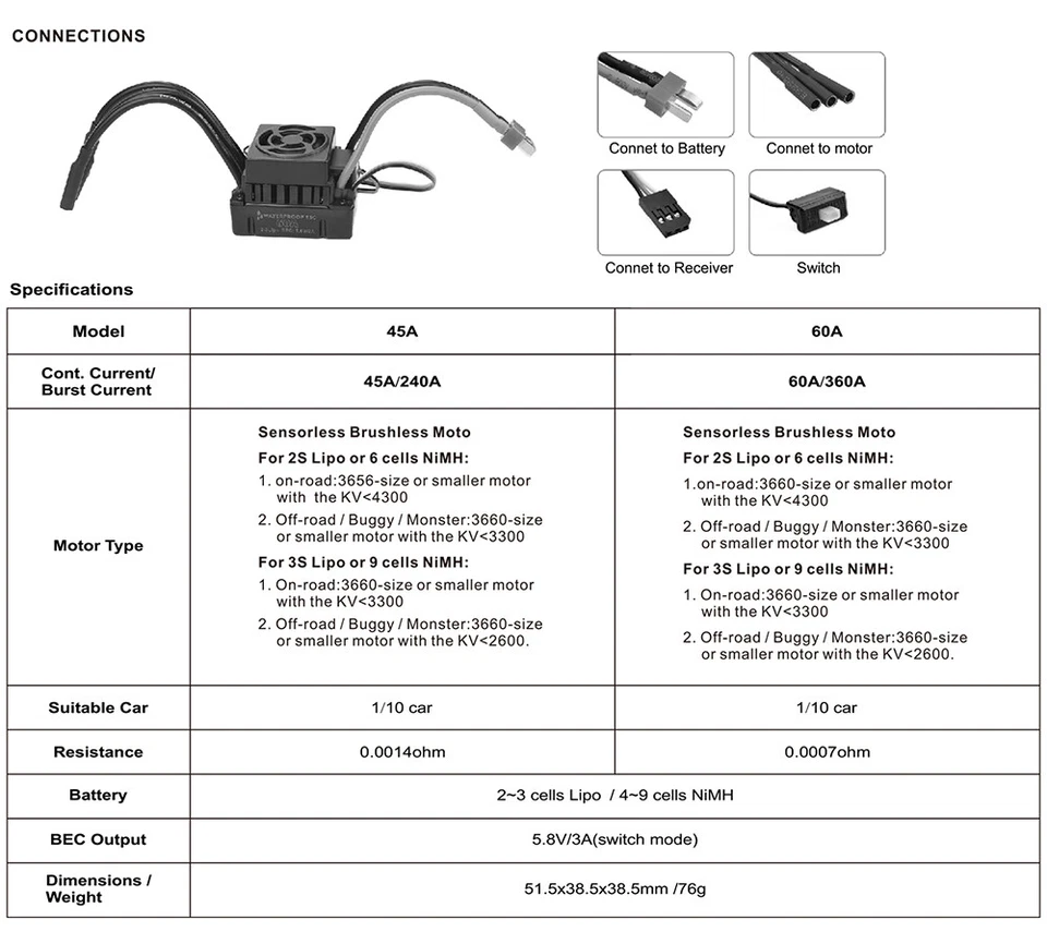 3660 Waterproof 2600KV/3300KV Motor 60A ESC for Tamiya Traxxas 1/8 RC Car - Image 2 of 4
