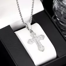 Iced Bling Silver Cross Crucifix Stainless Steel Pendant 24" Rope Chain Necklace