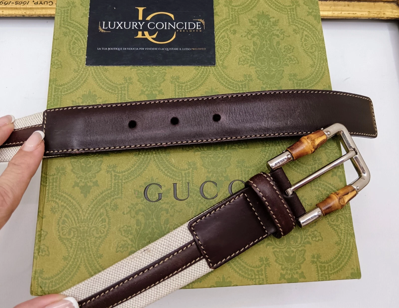 GUCCI CINTURA BICOLORE UNISEX PELLE TESTA DI MORO E TESSUTO AVORIO MISURA 85 34