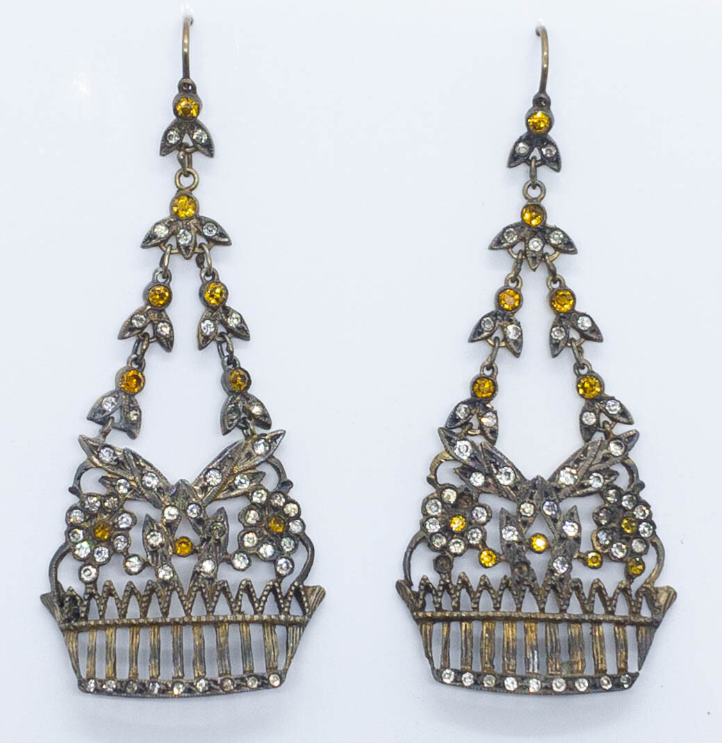 Antique Paste Dangle Pierced Basket Earrings - image 5