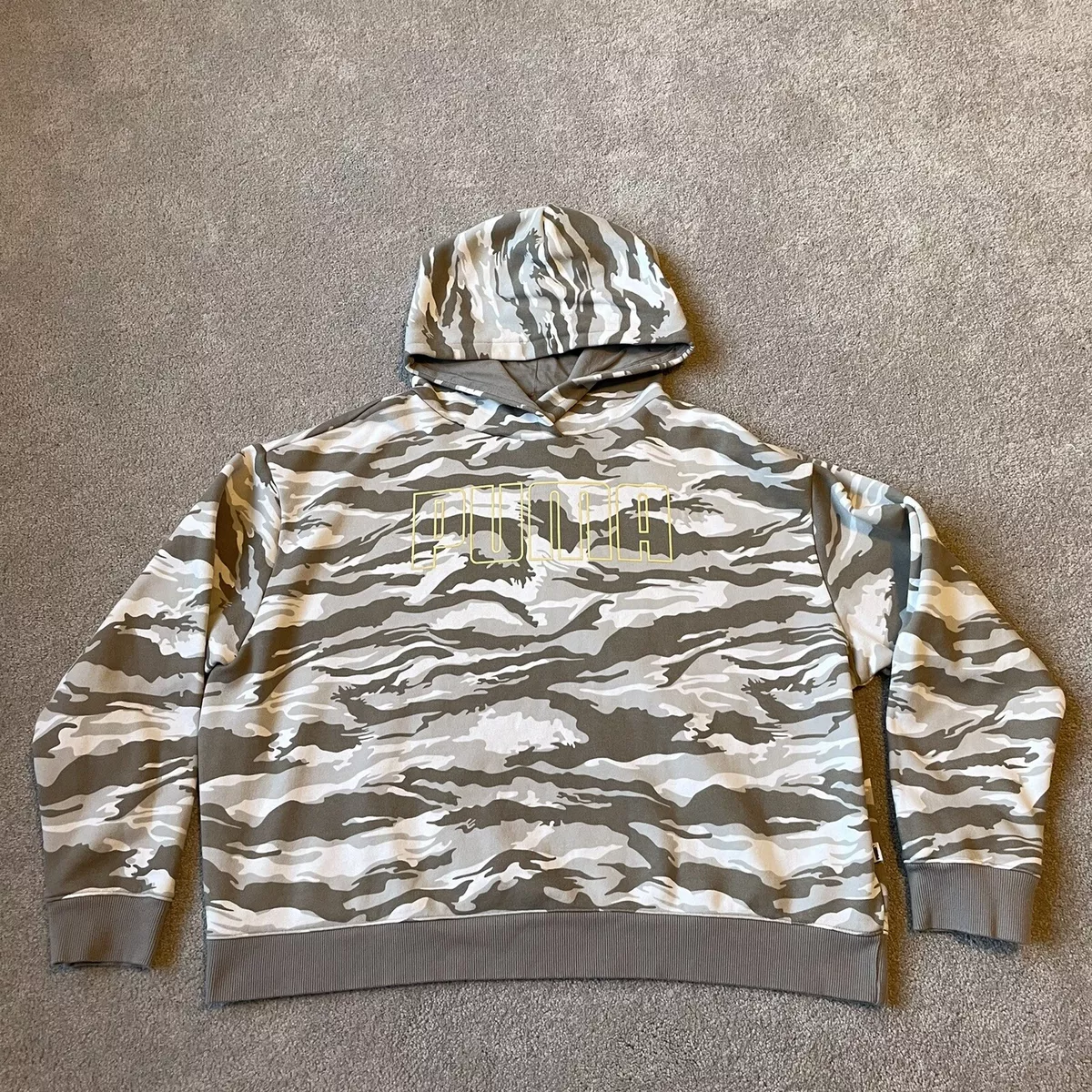 PUMA Hoodie Womens Extra Large XL Gray Gold Camo Pullover Spellout Loose Fleece