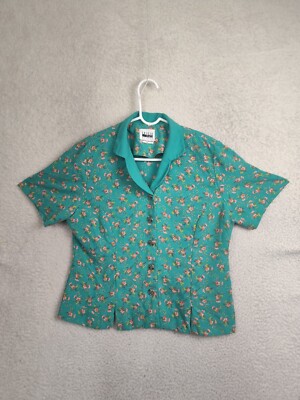 Leslie Fay Women Top 14P Turquoise Floral Polyester Short Sleeve Padded Shoulder