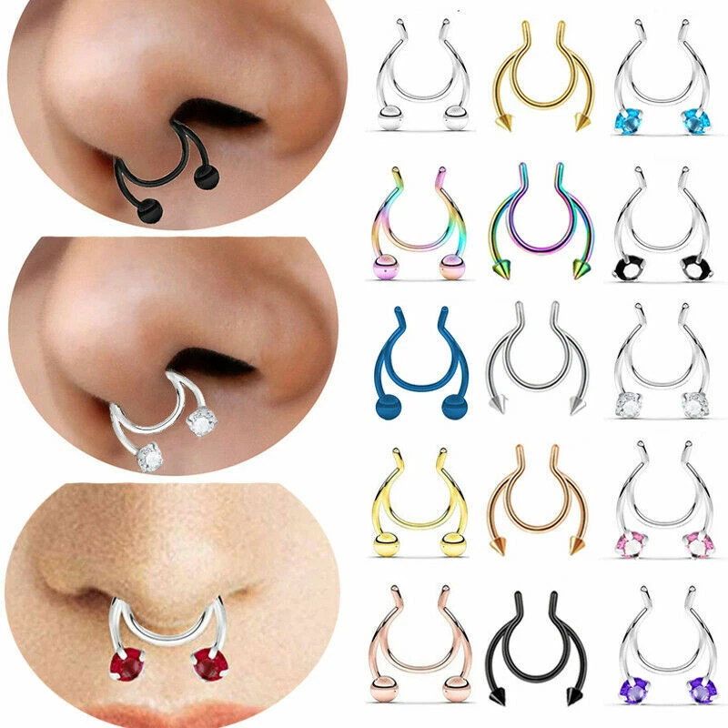 1pc CZ Beads Fake Septum Nose Hoop Rings Stainless Steel Septum Ring Non  Piercing Clip on Nose Ring Hoop Body Piercing Jewelry - AliExpress