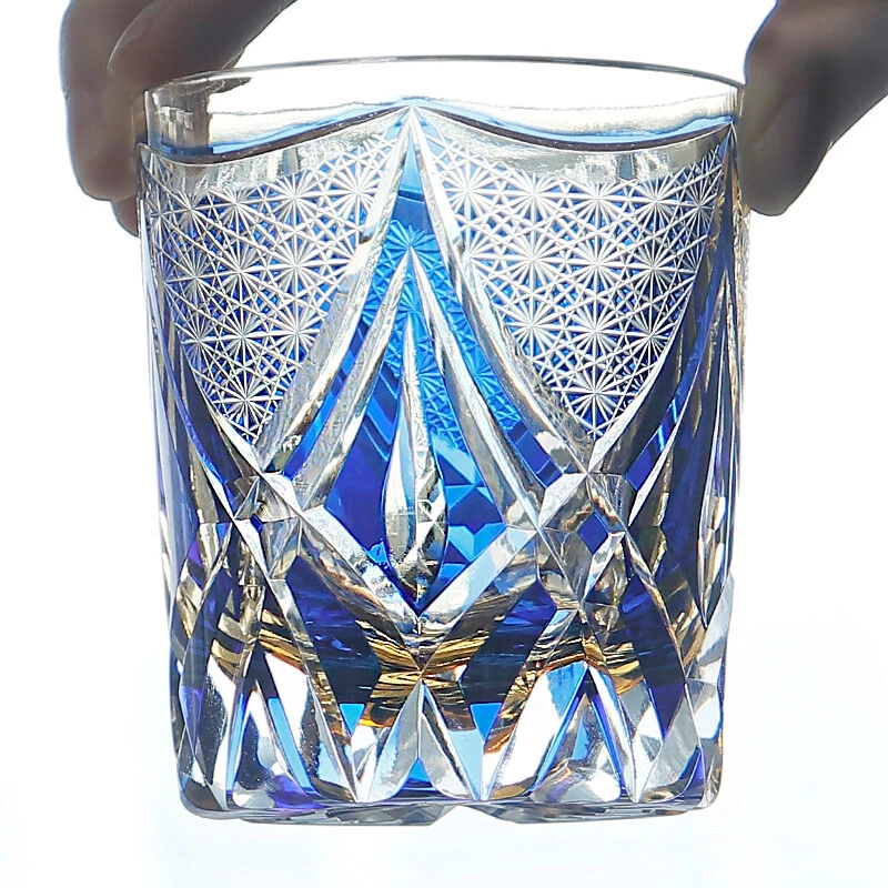 Vasos de whisky de cristal Edo Kiriko cortados a mano a azul claro 9 oz embalaje de regalo Foto 3 de 4