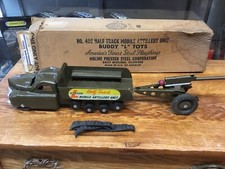 Rare Buddy L 409 Half Track mobile Artillery unit with cannon and Box. 1940s 50s
