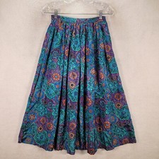 Vtg 90s Green Paisley Pleated Flowy Grandmacore Midi A Line Women Skirt Size 4